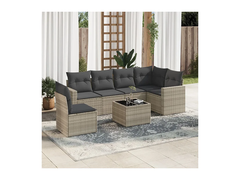 Salon de jardin avec coussins 7 pcs gris clair résine tressée