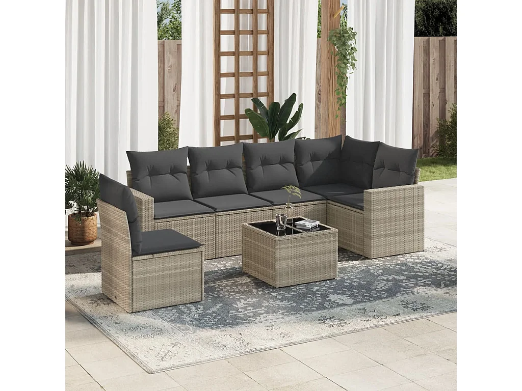 7-tlg. Garten-Sofagarnitur mit Kissen Hellgrau Poly Rattan