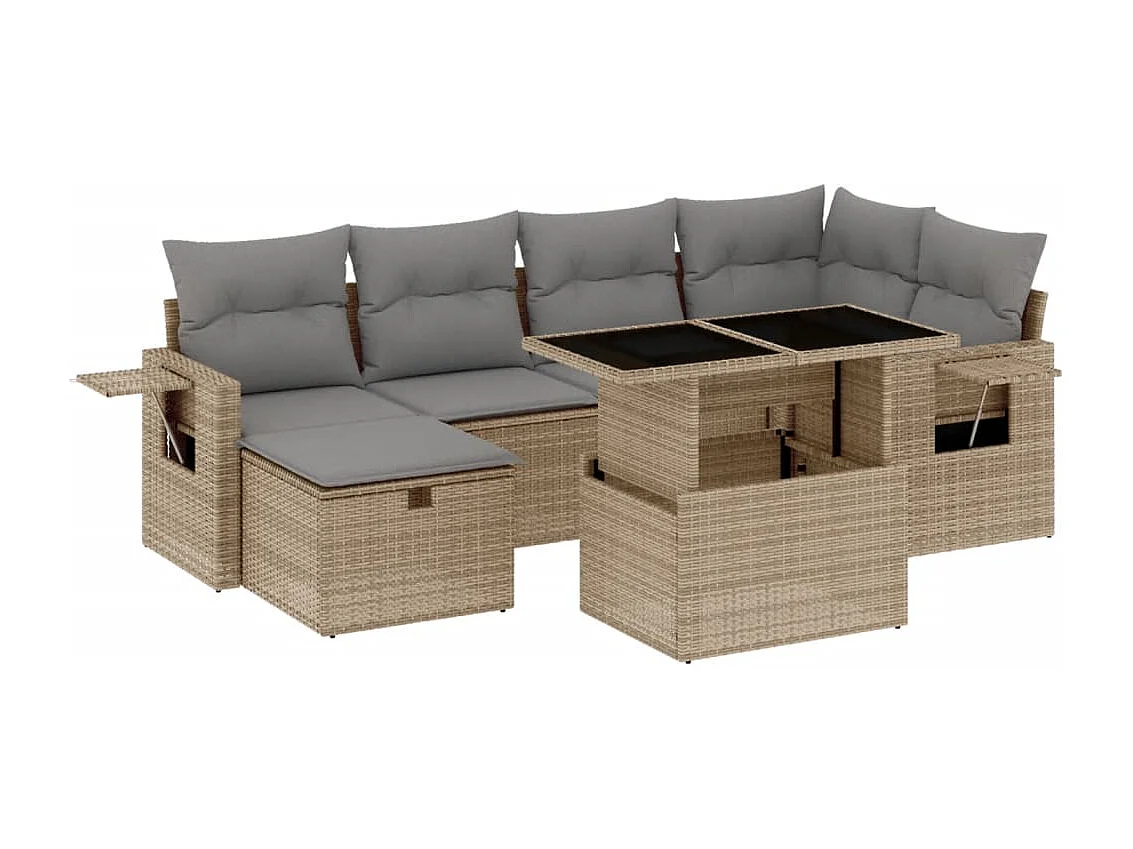 7 pcs conjunto de sofás p/ jardim com almofadões vime PE bege