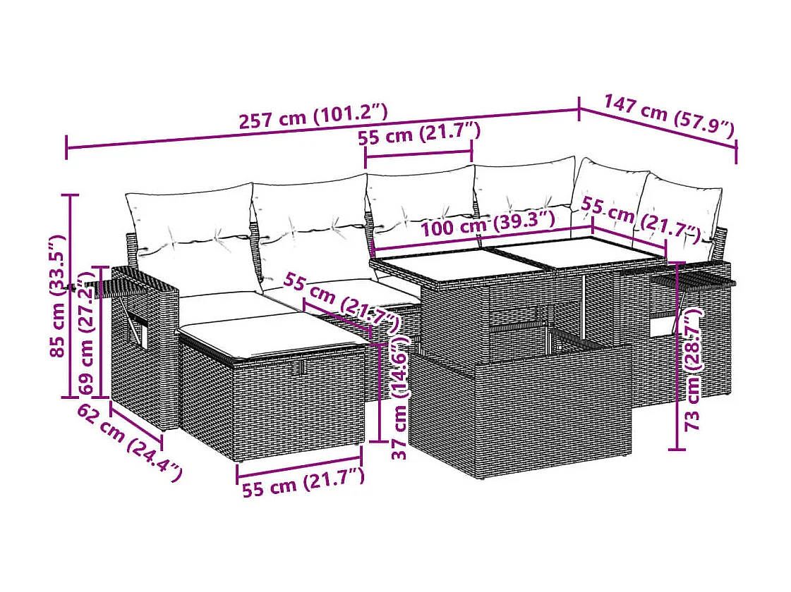 7 pcs conjunto de sofás p/ jardim com almofadões vime PE bege