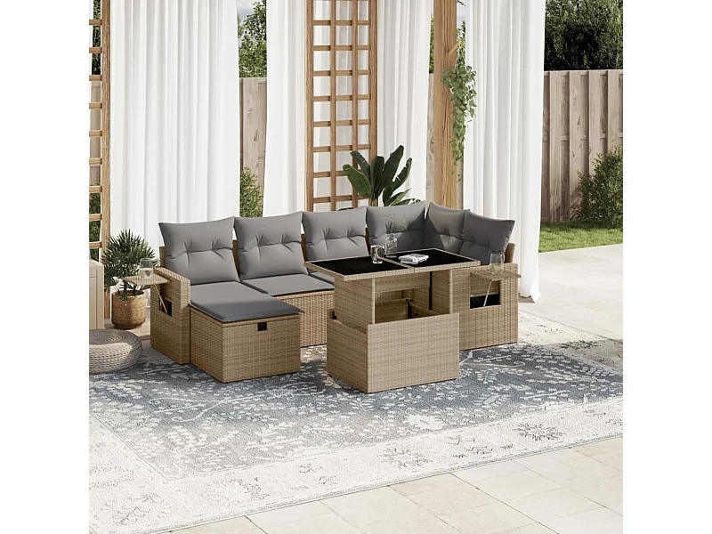 7 pcs conjunto de sofás p/ jardim com almofadões vime PE bege