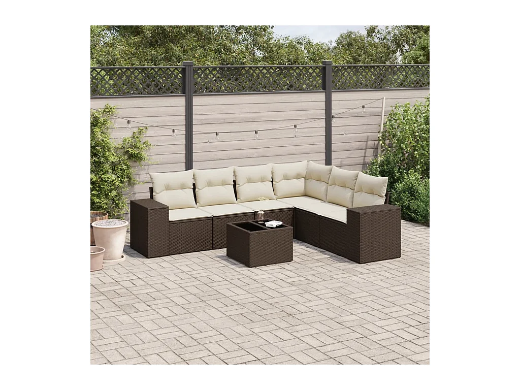 Set Divani da Giardino 7 pz con Cuscini Marrone in Polyrattan