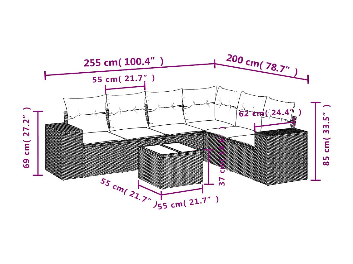 7-tlg. Garten-Sofagarnitur mit Kissen Braun Poly Rattan