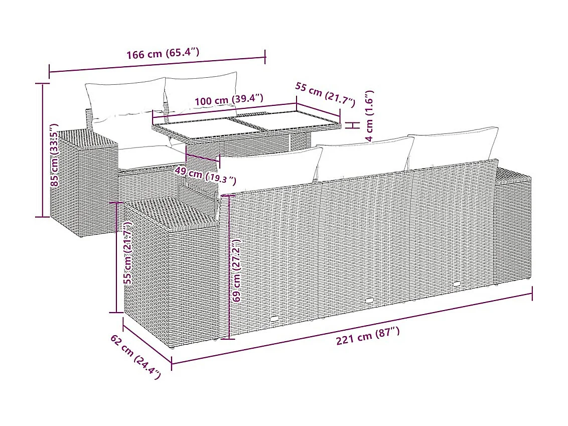 Salon de jardin 6 pcs avec coussins noir résine tressée