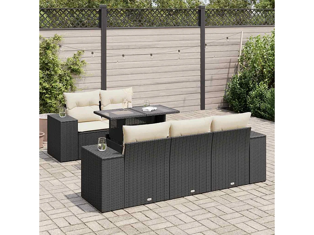 6-delige Loungeset met kussens poly rattan zwart