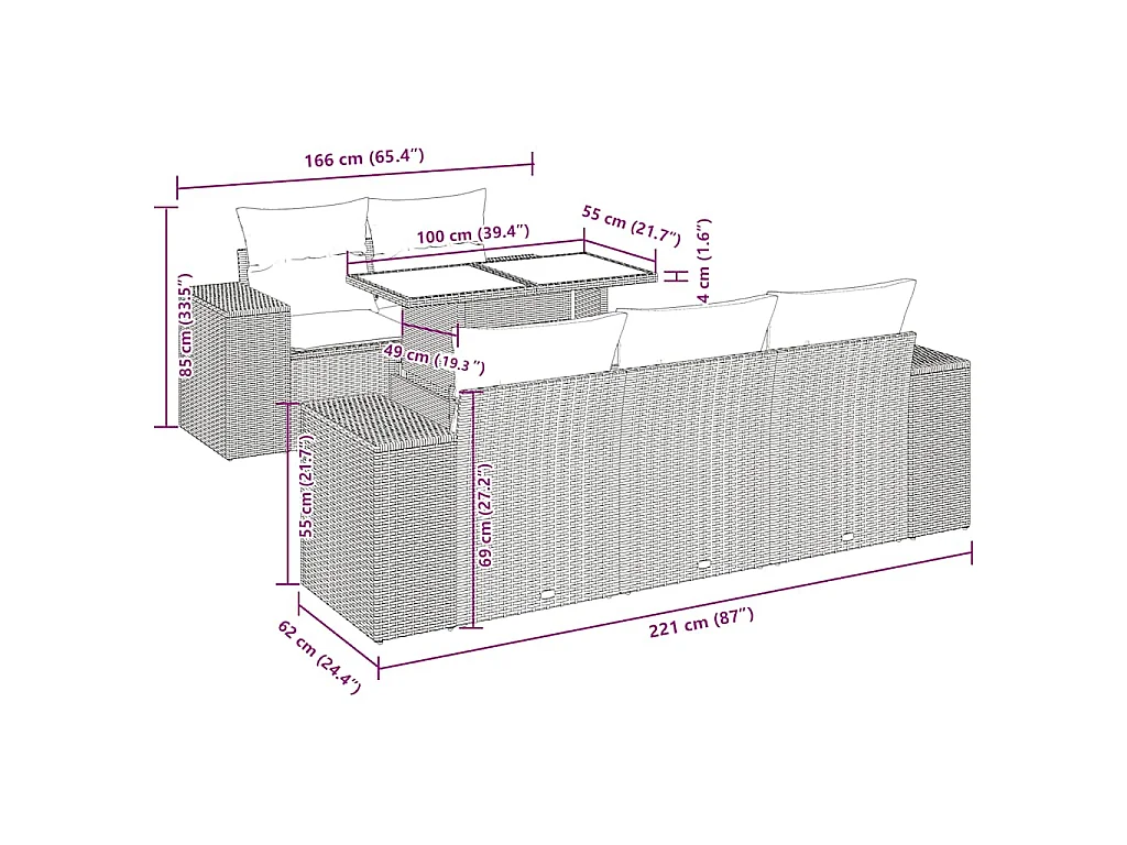 6-delige Loungeset met kussens poly rattan zwart