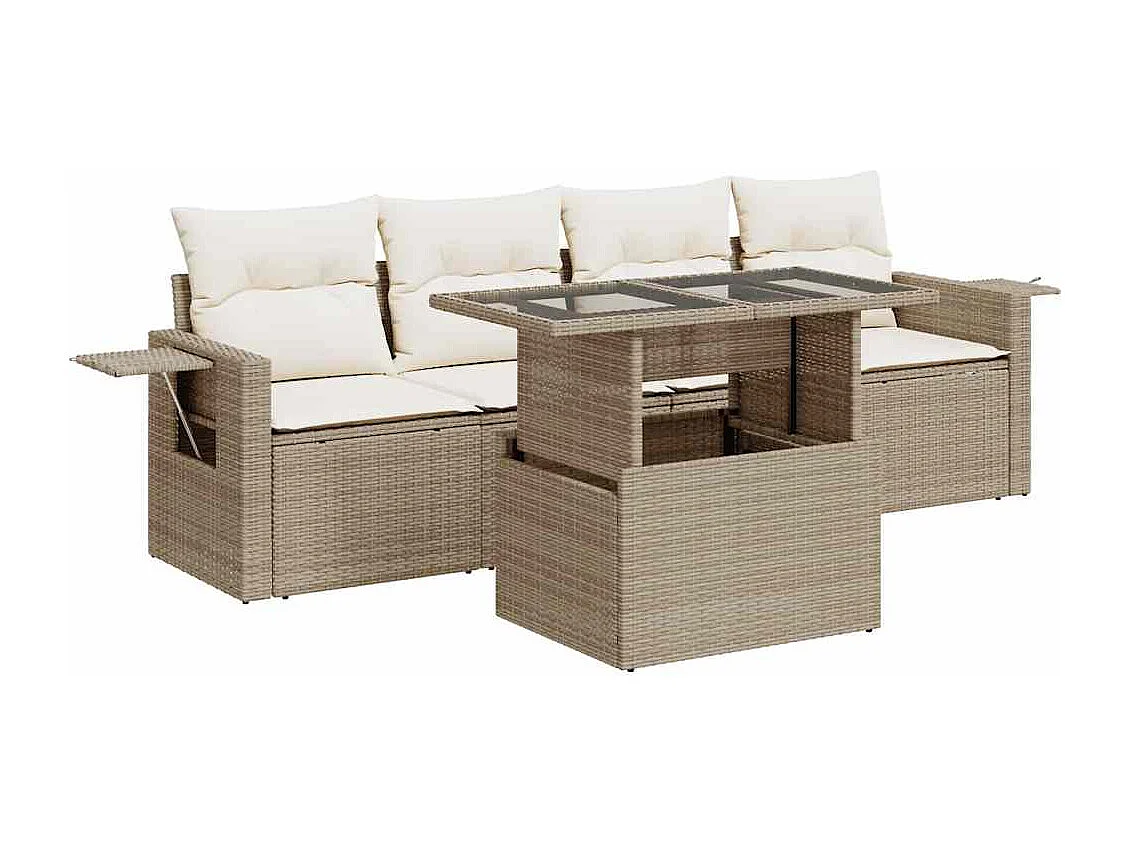 Set Divano da Giardino 5 pz con Cuscini Beige in Polyrattan