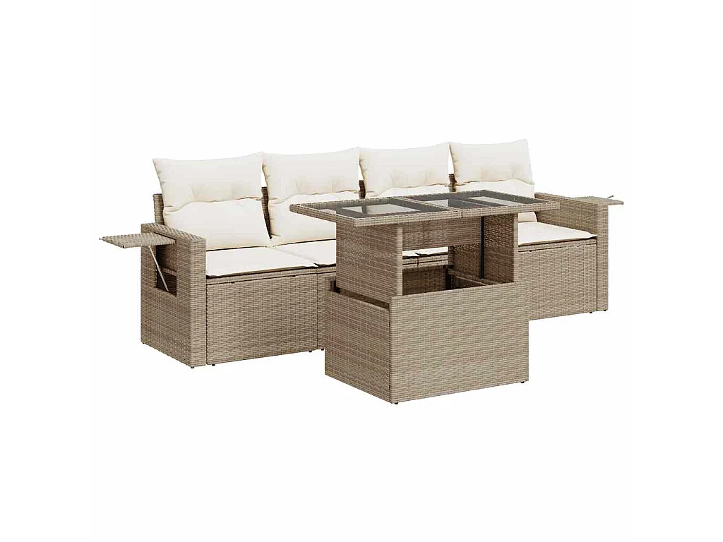 5-tlg. Garten-Sofagarnitur mit Kissen Beige Poly Rattan