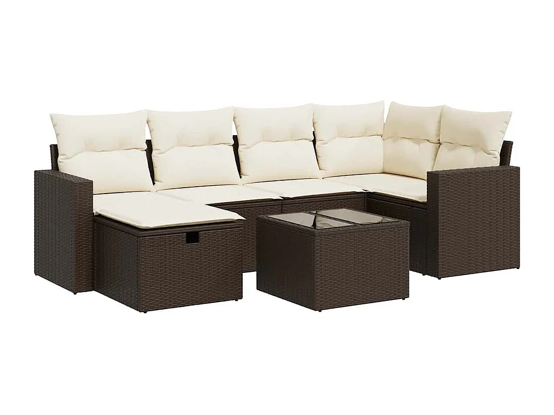 Salon de jardin avec coussins 7 pcs marron résine tressée