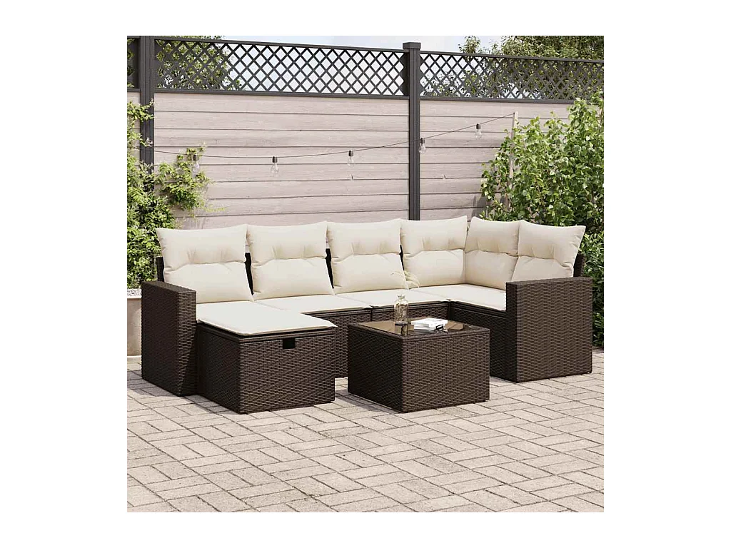 Salon de jardin avec coussins 7 pcs marron résine tressée