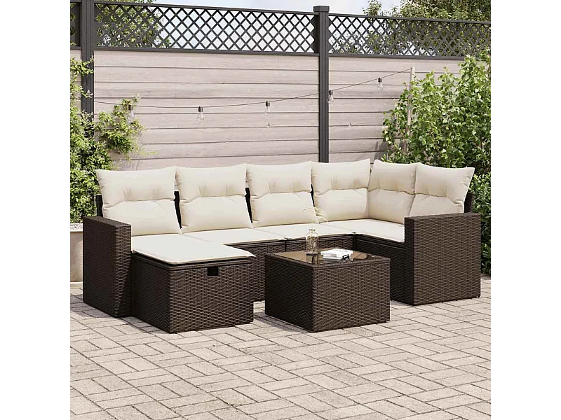 Salon de jardin avec coussins 7 pcs marron résine tressée