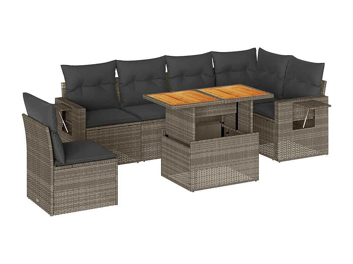 7-tlg. Garten-Sofagarnitur mit Kissen Grau Poly Rattan