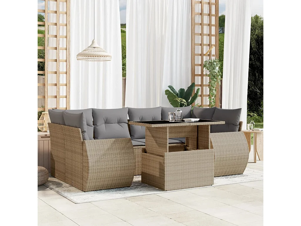 7-delige Loungeset met kussens poly rattan beige