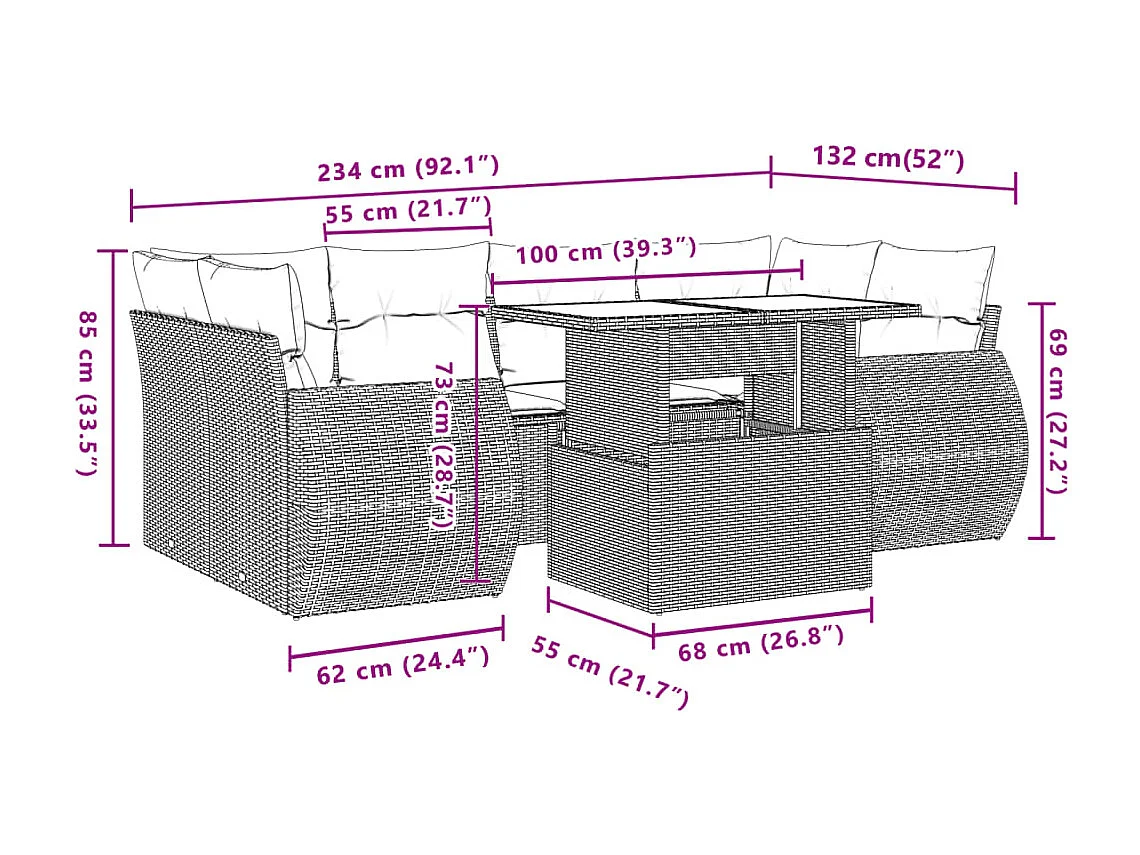 7-delige Loungeset met kussens poly rattan beige