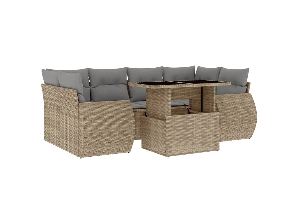 7-delige Loungeset met kussens poly rattan beige