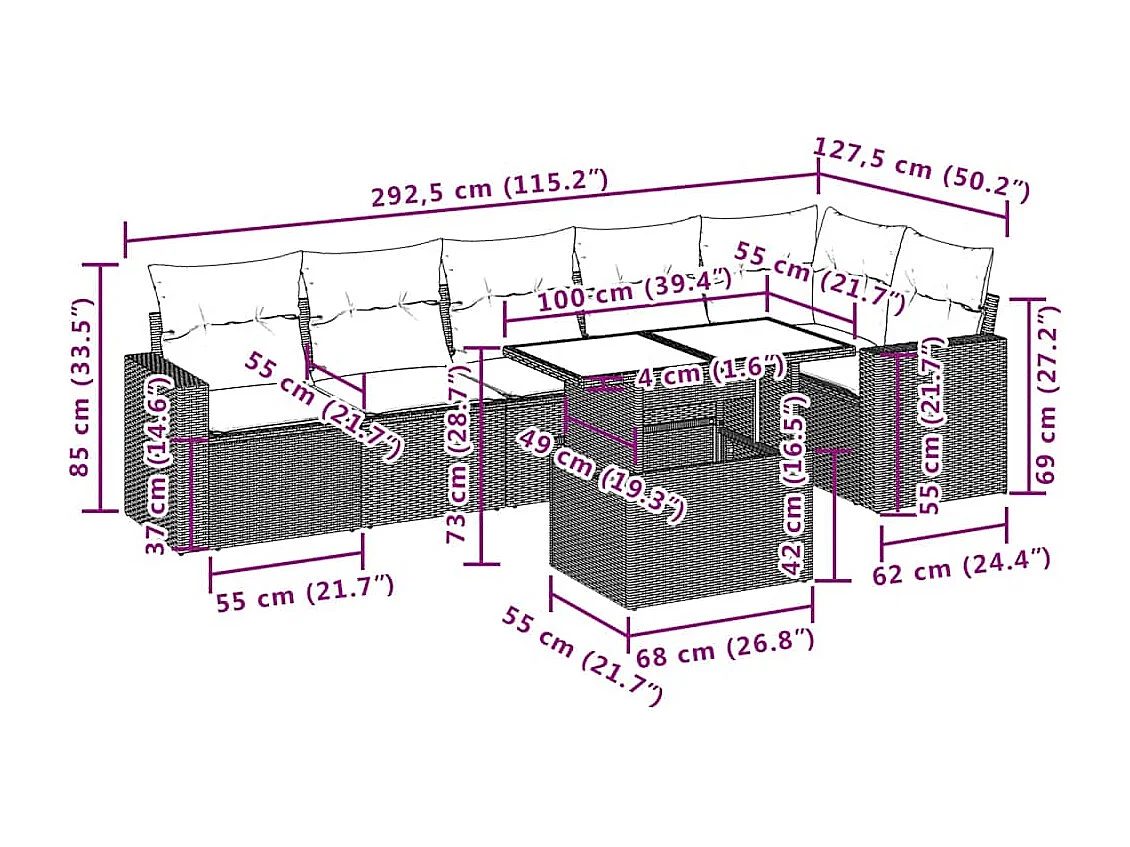Set sofás de jardín 7 piezas y cojines ratán sintético beige