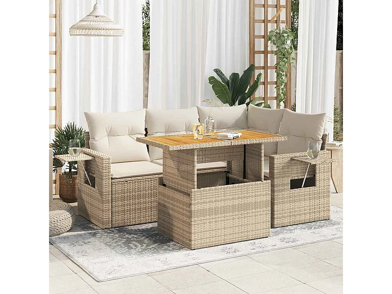 Set Divano da Giardino 5 pz con Cuscini Beige in Polyrattan