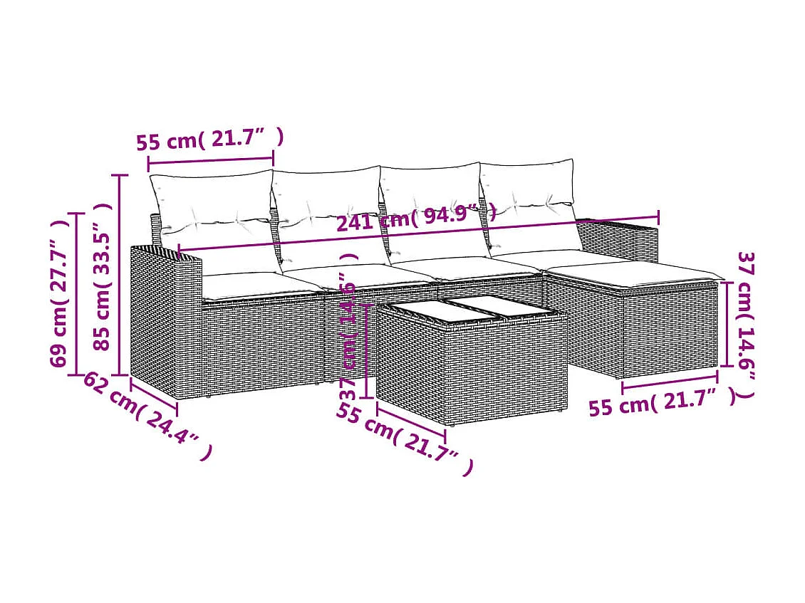 Set Divano da Giardino 6 pz con Cuscini Marrone in Polyrattan
