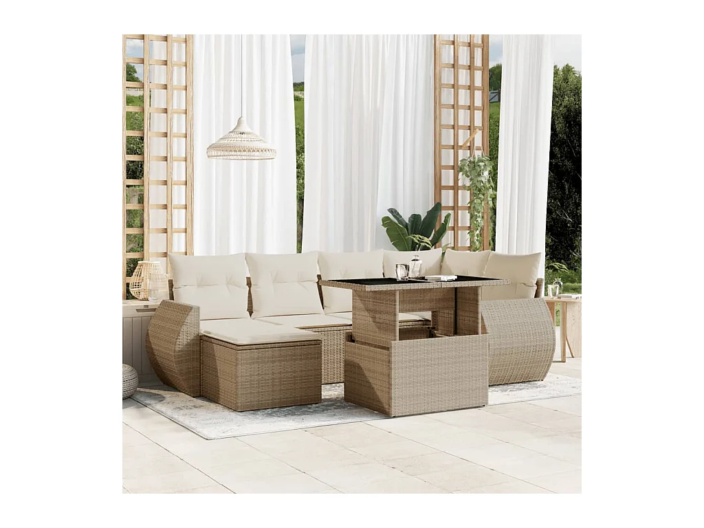Salon de jardin avec coussins 7 pcs beige résine tressée