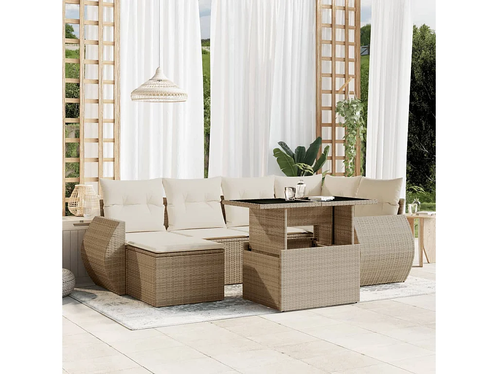 Salon de jardin avec coussins 7 pcs beige résine tressée