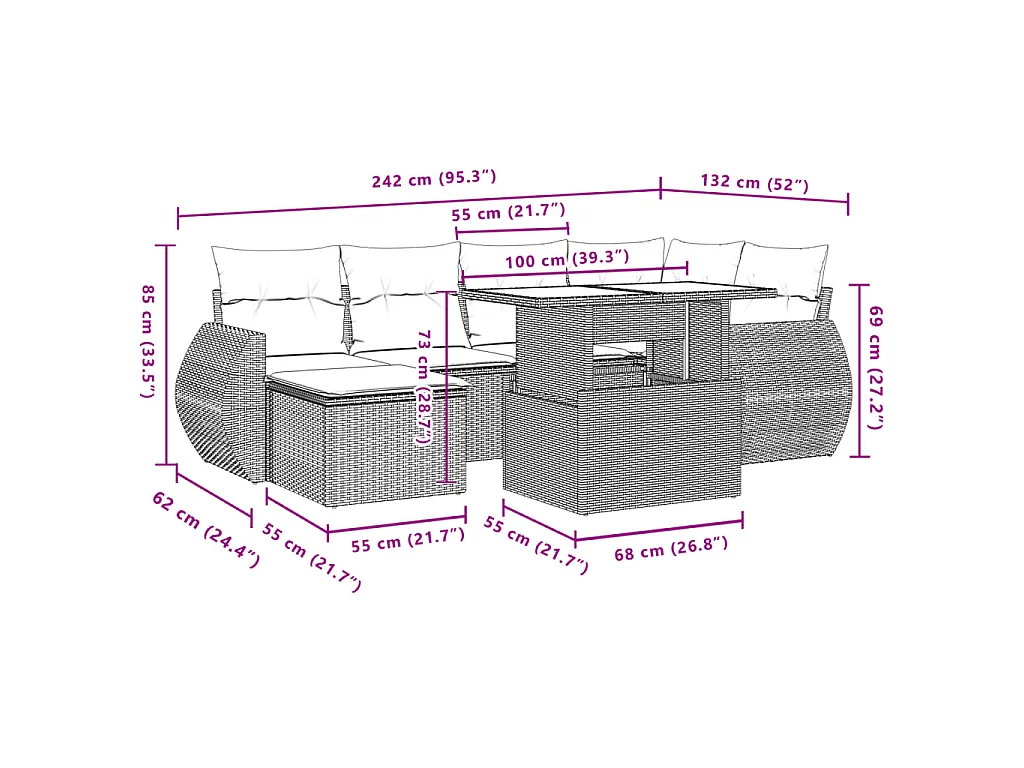 Salon de jardin avec coussins 7 pcs beige résine tressée