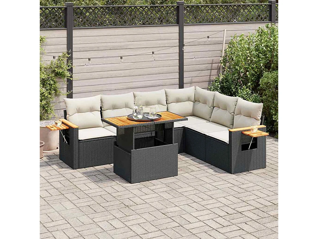 7-delige Loungeset met kussens poly rattan acacia zwart