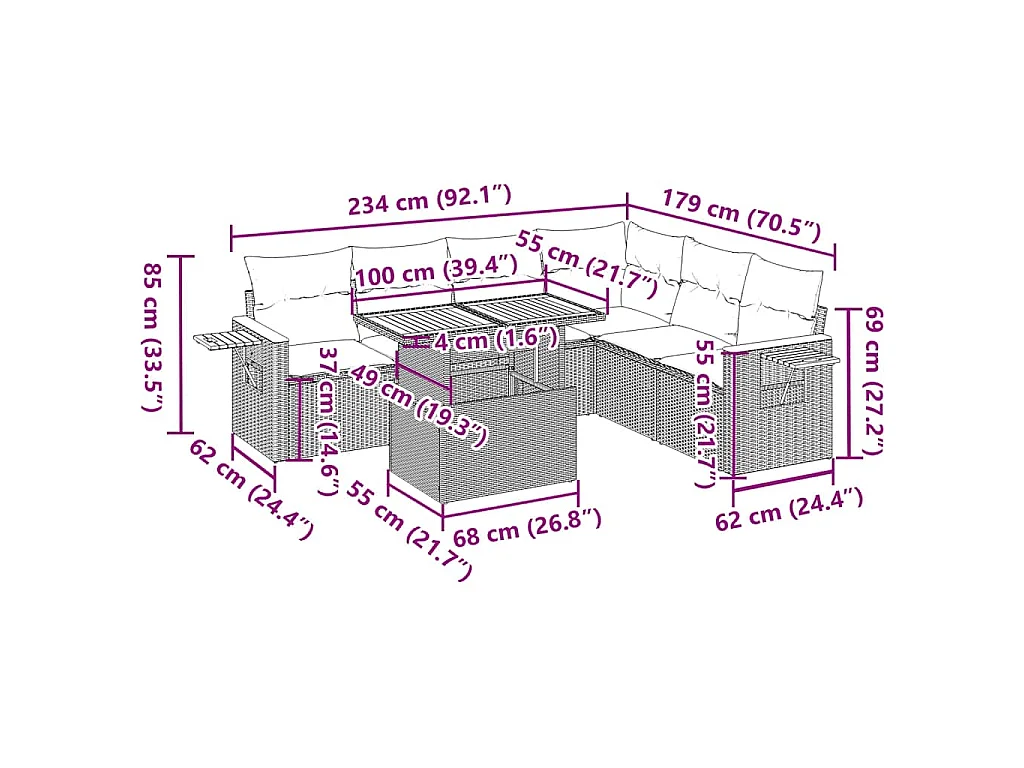 7-delige Loungeset met kussens poly rattan acacia zwart