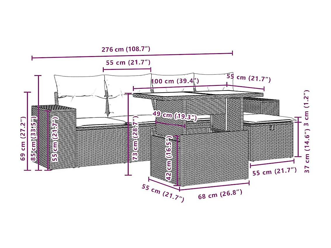 Salon de jardin avec coussins 6 pcs marron résine tressée