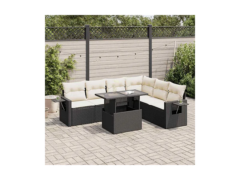 Set Divani da Giardino con Cuscini 7pz Nero Polyrattan