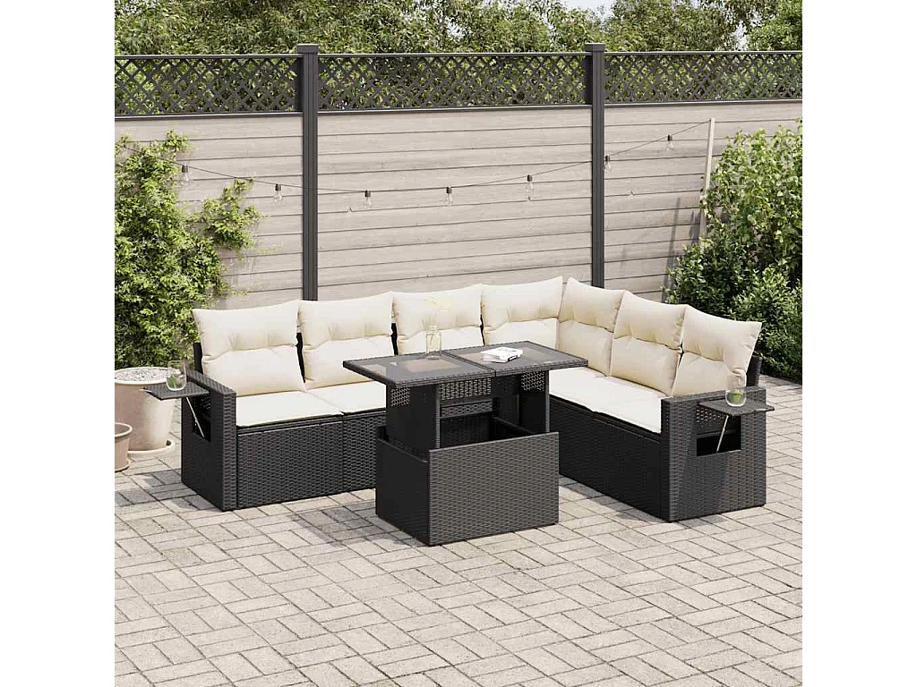 Set Divani da Giardino con Cuscini 7pz Nero Polyrattan