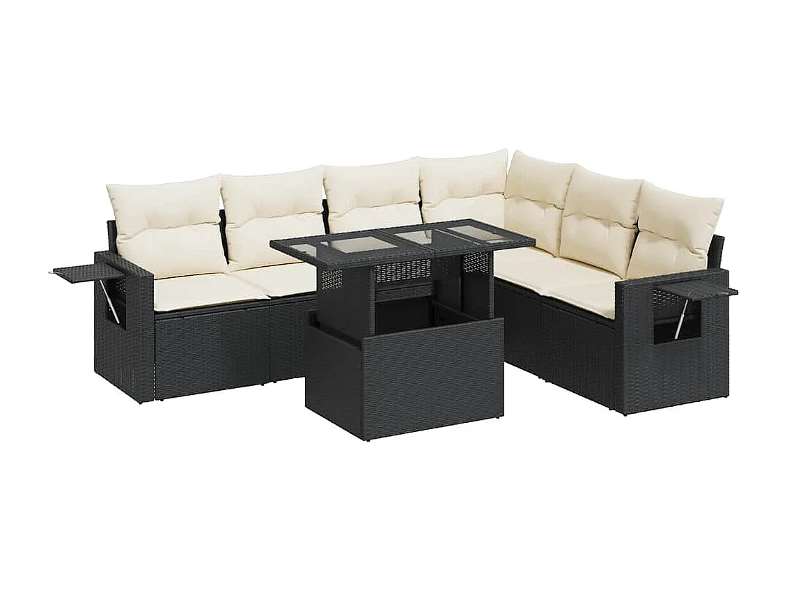 7-tlg. Garten-Sofagarnitur mit Kissen Schwarz Poly Rattan