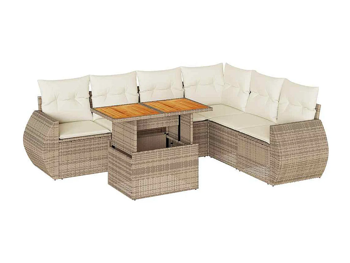 Salon de jardin avec coussins 7 pcs beige résine tressée