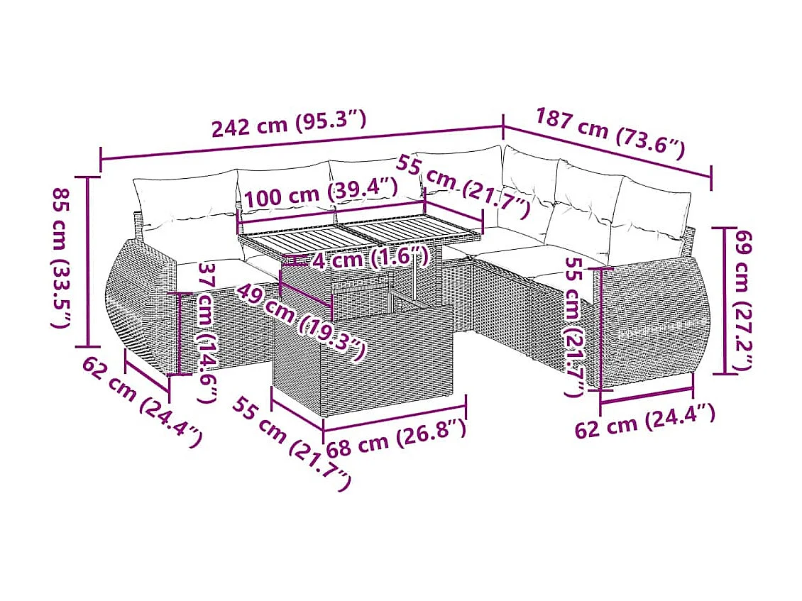 Salon de jardin avec coussins 7 pcs beige résine tressée