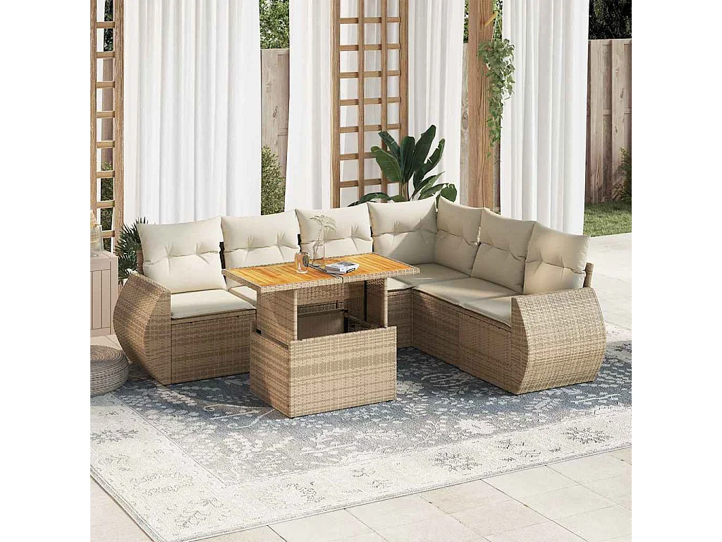 Salon de jardin avec coussins 7 pcs beige résine tressée