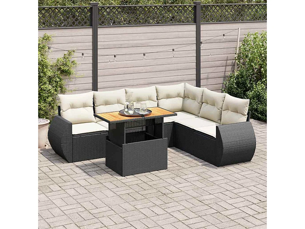 Salon de jardin 7 pcs avec coussins noir résine tressée