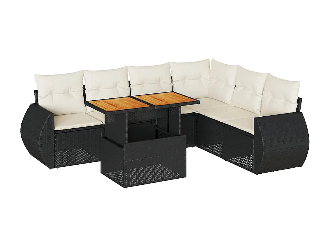 Salon de jardin 7 pcs avec coussins noir résine tressée