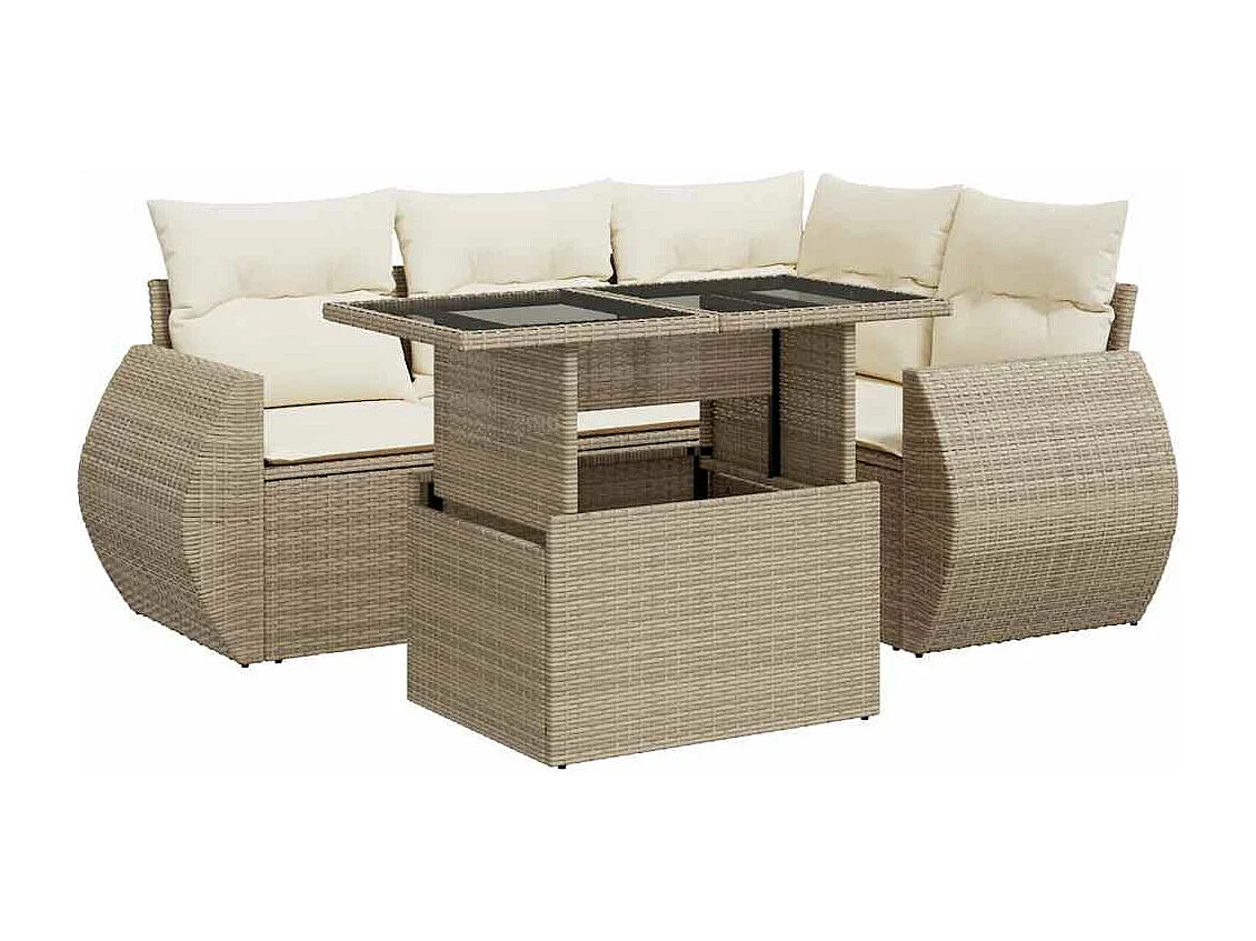 Set Divano da Giardino 5 pz con Cuscini Beige in Polyrattan