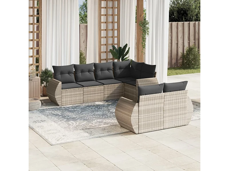 7-delige Loungeset met kussens poly rattan lichtgrijs