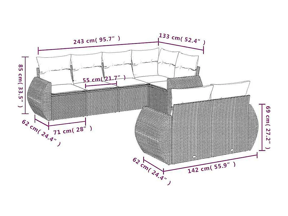 Salon de jardin avec coussins 7 pcs gris clair résine tressée