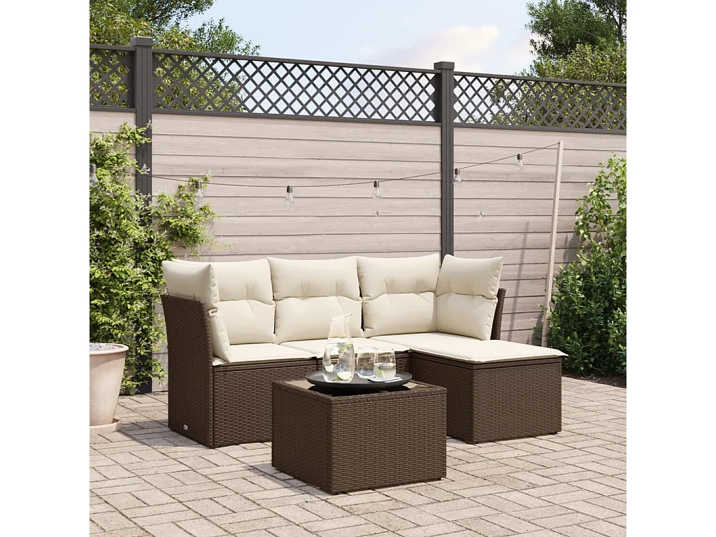 5-tlg. Garten-Sofagarnitur mit Kissen Braun Poly Rattan