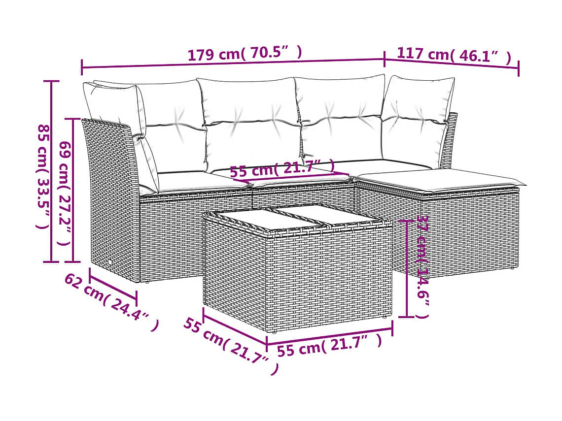 5-tlg. Garten-Sofagarnitur mit Kissen Braun Poly Rattan