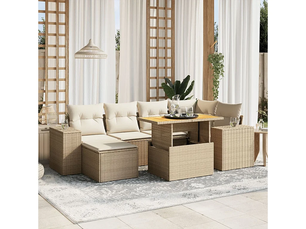 Salon de jardin avec coussins 7 pcs beige résine tressée