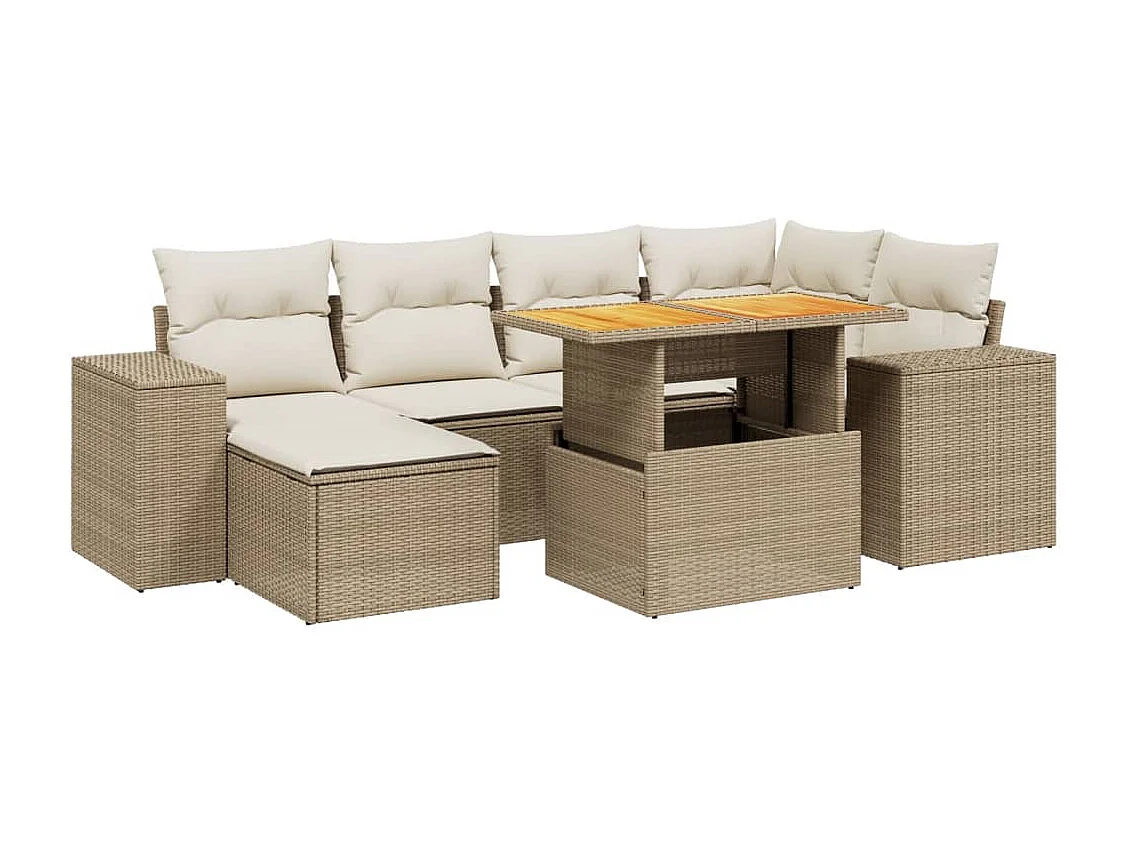 Salon de jardin avec coussins 7 pcs beige résine tressée