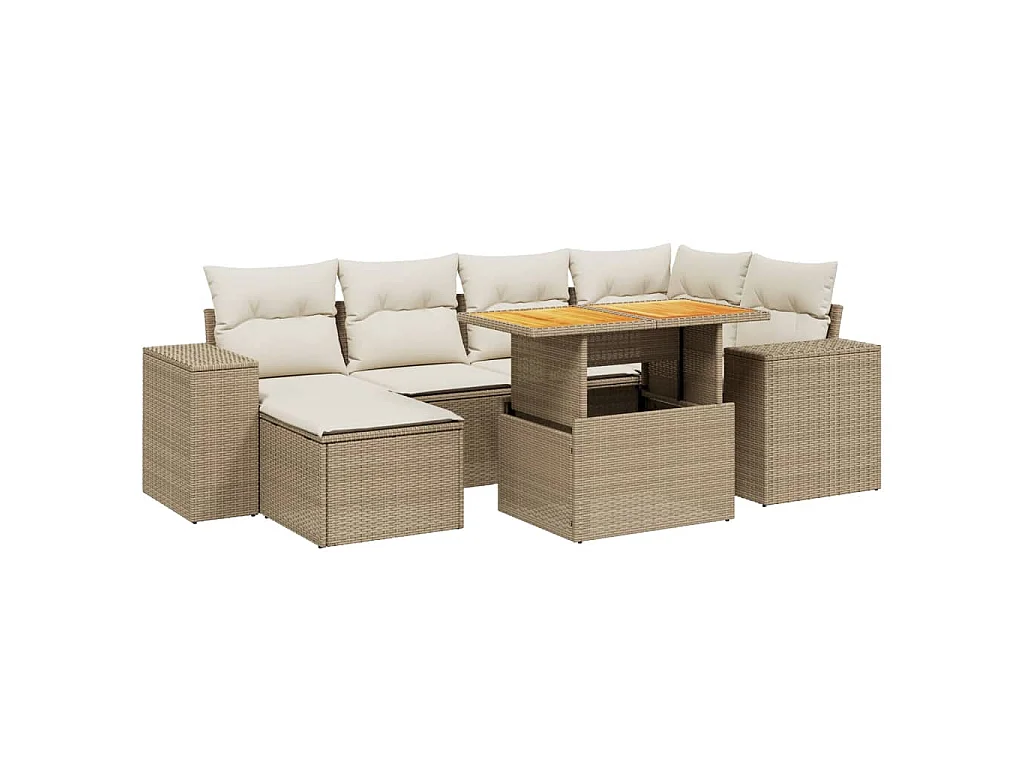 7-delige Loungeset met kussens poly rattan beige