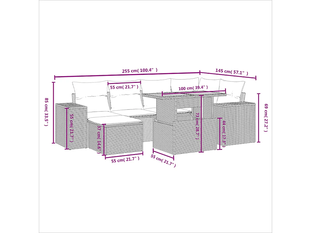 7-delige Loungeset met kussens poly rattan beige