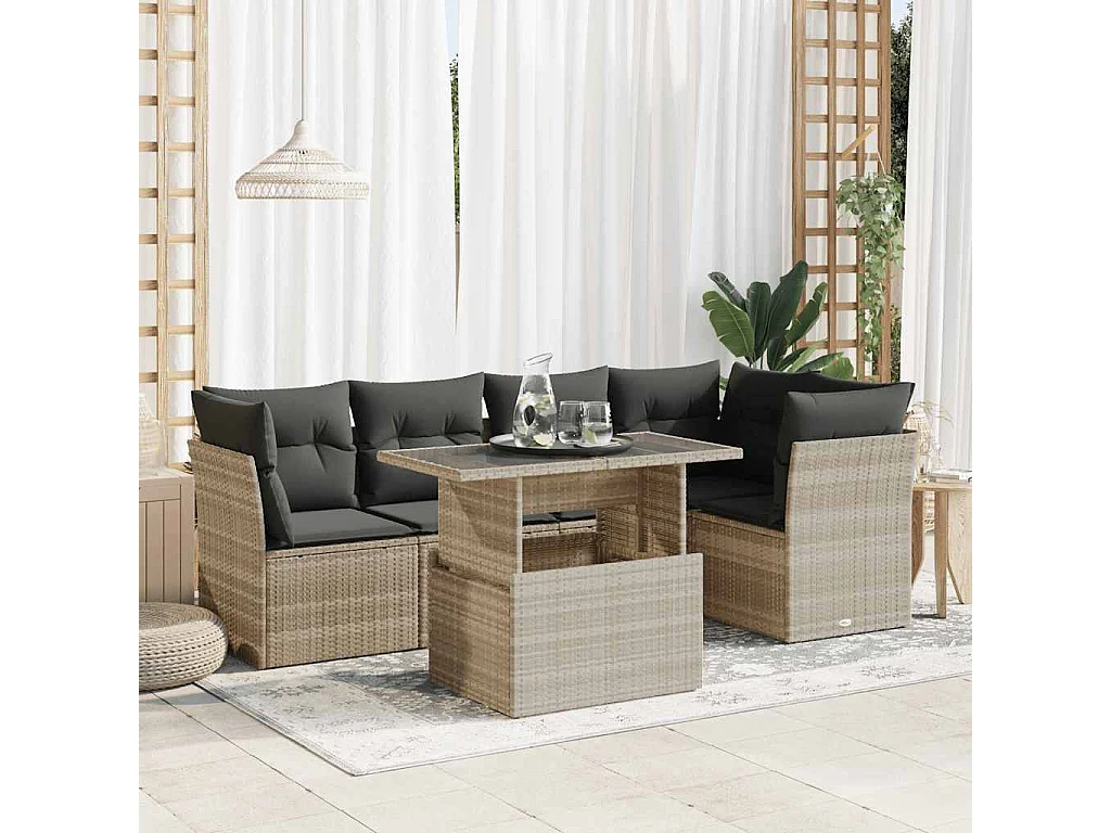 6-tlg. Garten-Sofagarnitur mit Kissen Hellgrau Poly Rattan