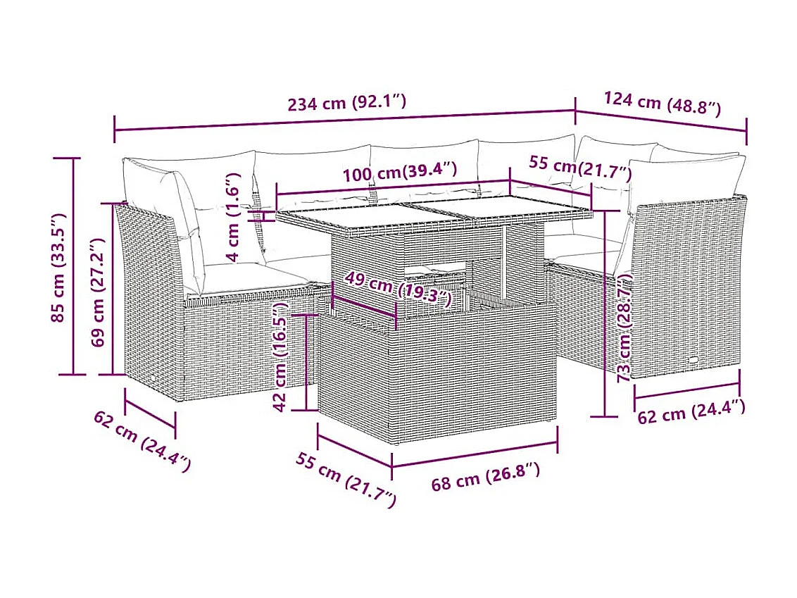 6-tlg. Garten-Sofagarnitur mit Kissen Hellgrau Poly Rattan