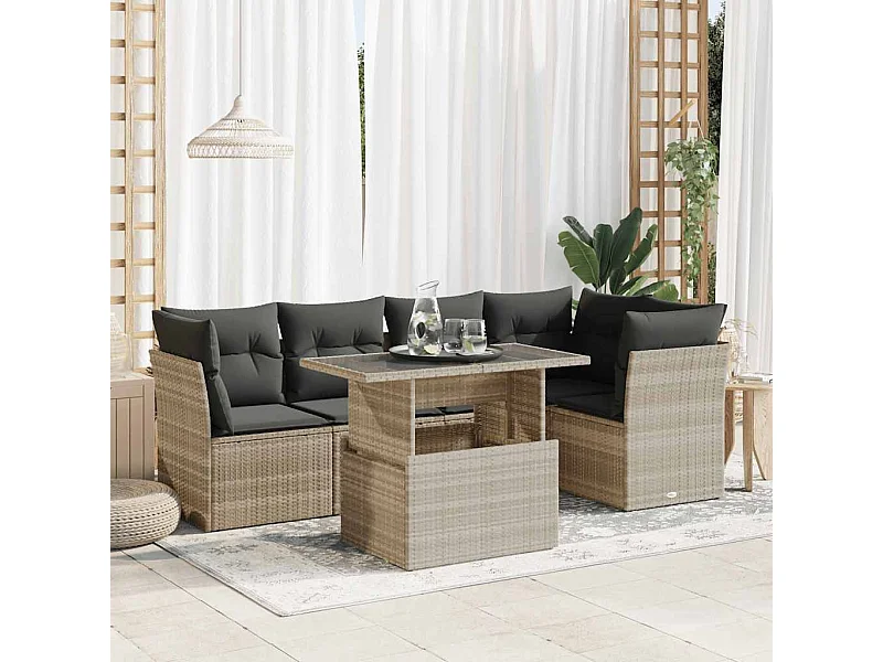 6-tlg. Garten-Sofagarnitur mit Kissen Hellgrau Poly Rattan