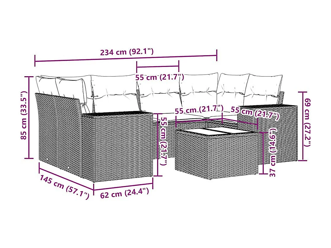 7-tlg. Garten-Sofagarnitur mit Kissen Hellgrau Poly Rattan