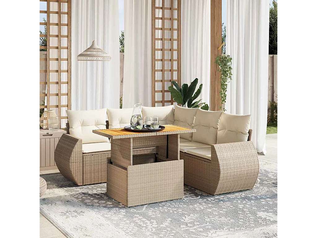 Salon de jardin avec coussins 6 pcs beige résine tressée